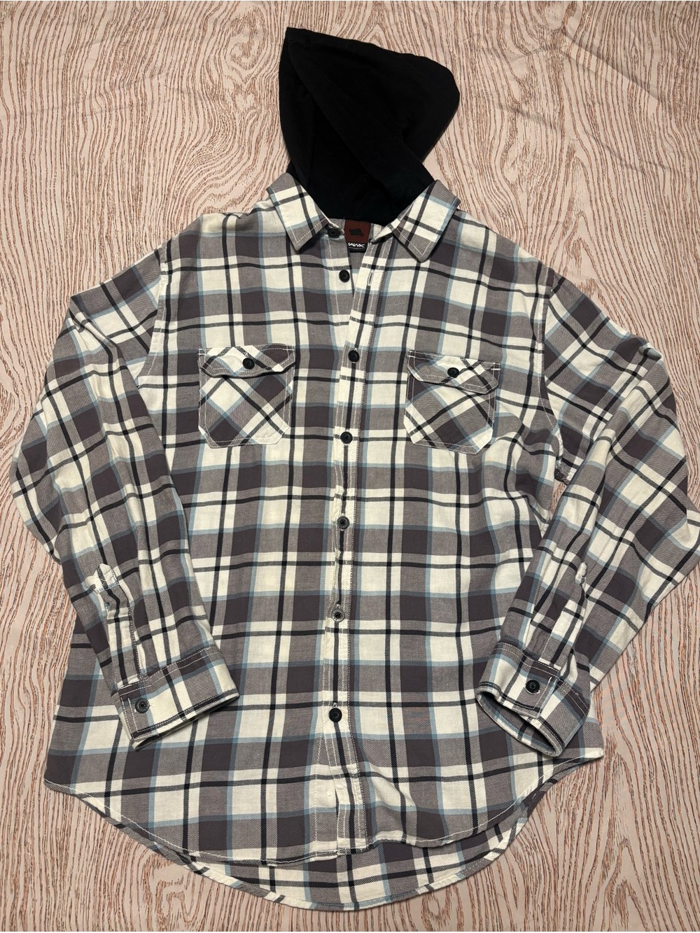 Tony Hawk Men's Plaid Button-Down Shirt with Black Hood - Gray/Cream/Blue